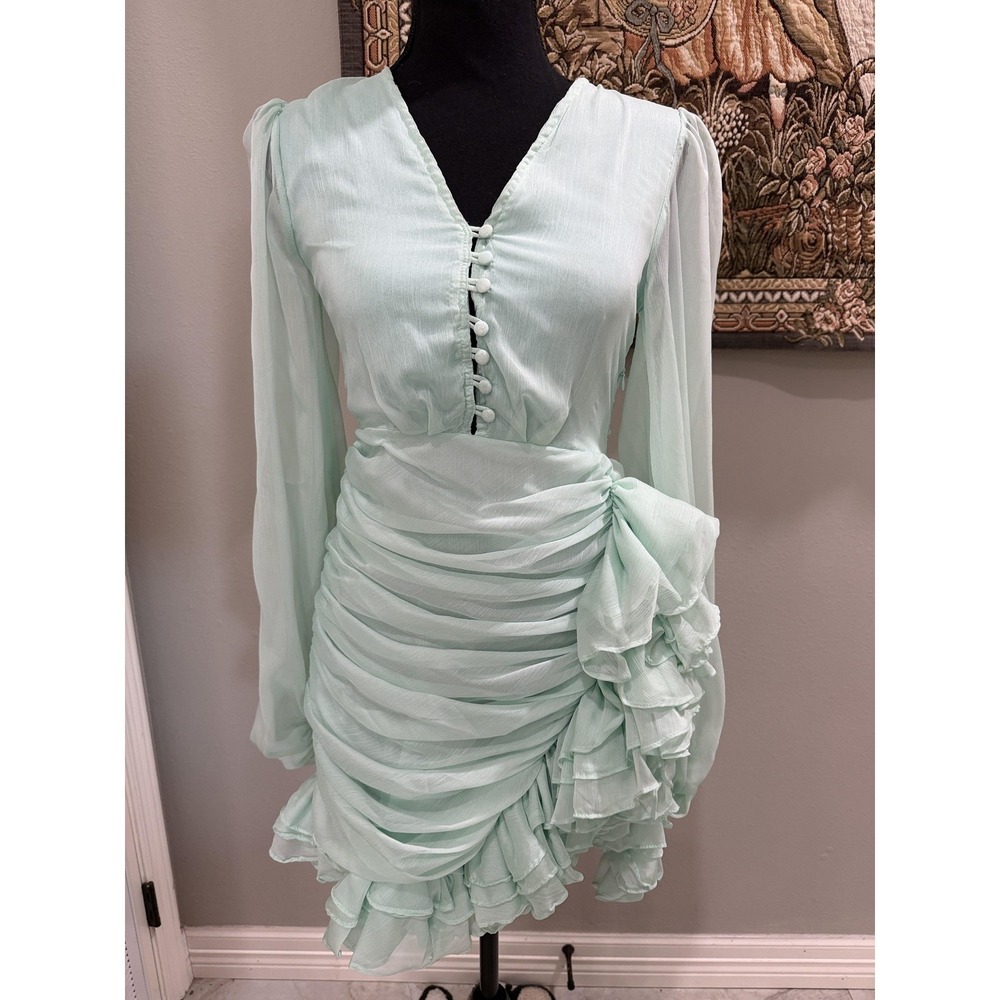 Dress Womens XS Green V Neck Long Sleeve Ruched Ruffle Hem Chiffon Bodycon Mini